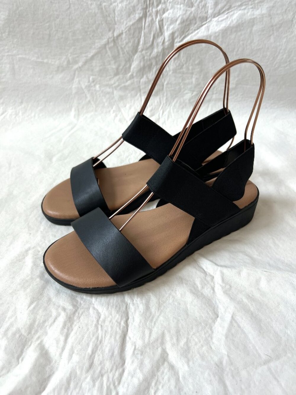 Kensie sandals Everlee womens 7.5 black elastic ankle strap low wedge